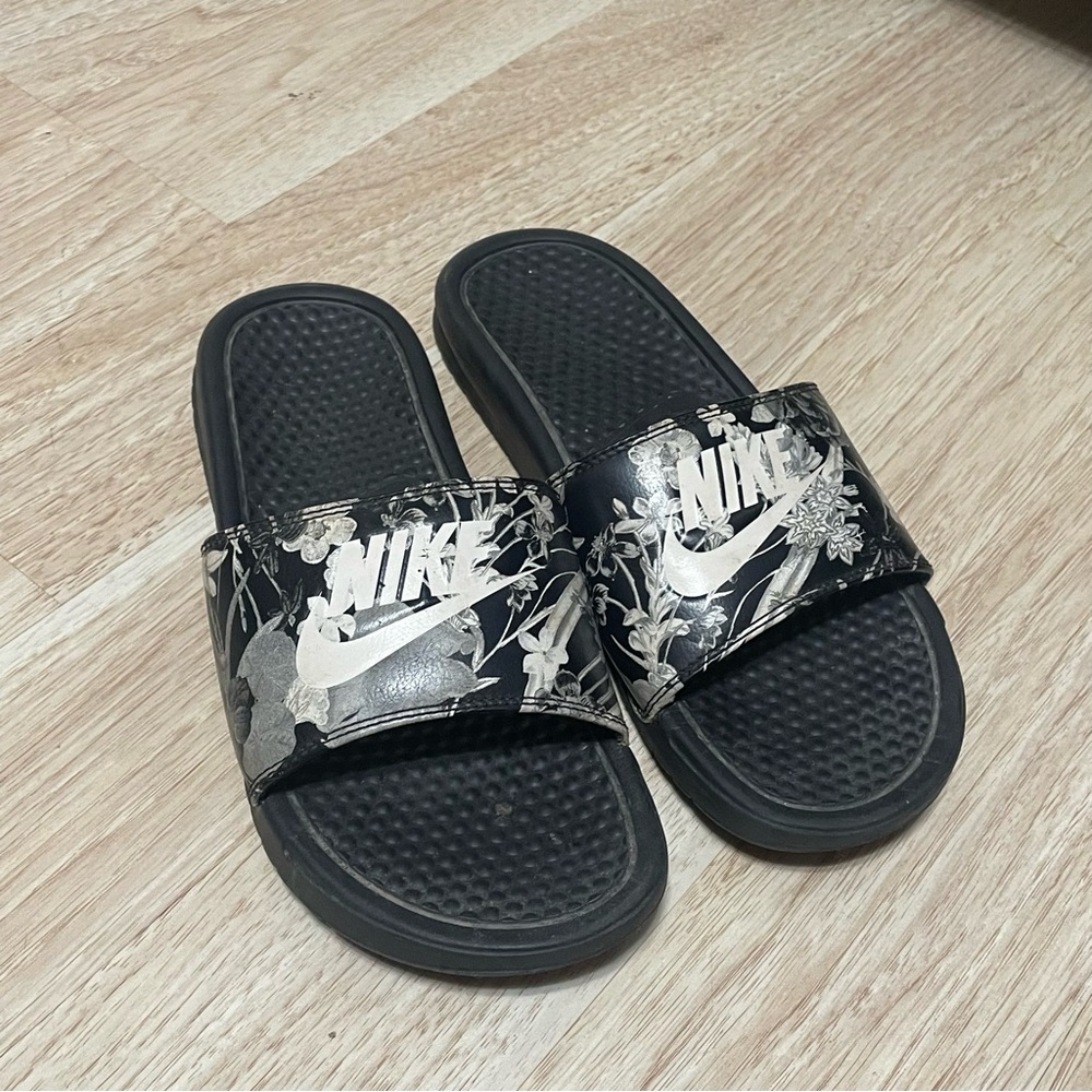 Nike Black and White Floral Slides